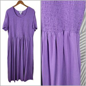Easy Essentials Plus Size 2X Shirred Stretch Shirt Dress Midi Long Purple Pocket